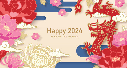 Poster - 2024 Chinese new year, year of the dragon banner design with Chinese zodiac dragon, clouds and flowers background.
