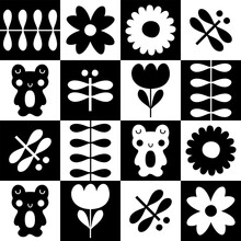 Monochrome Seamless Pattern With Tulip Flowers, Frogs And Dragonflies. Geometric Checkered Print For T-shirt, Poster, Textile And Fabric. Floral Vector Background.