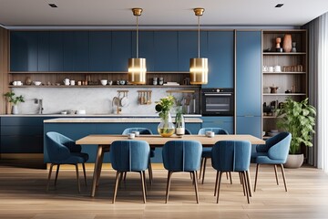 Cozy apartment with a modern blue and wooden kitchen and dining room. Table with velvet chairs, cabinets, and shelves with kitchen items. Parquet flooring, interior design concept, 3D illustration.