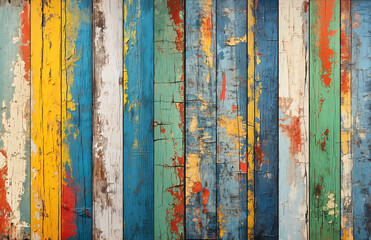 Poster - Texture of vintage wood boards with cracked paint of white, red, yellow and blue color. Horizontal retro background with wooden planks of different colors