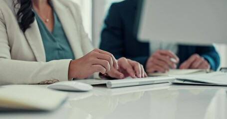 Poster - Hands, typing and business people planning a collaboration, project or teamwork on research, report and review in office. Employees, meeting or working together for information search on stock market