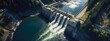 Hydroelectric power dam on a river in mountains, aerial view. Generative AI
