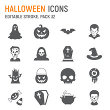 Halloween Glyph Icon Set, Holiday Collection, Vector Graphics, Logo Illustrations, Scary Vector Icons, Halloween Signs, Solid Pictograms, Editable Stroke