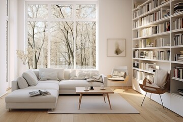 Poster - contemporary living room with white walls, wooden floor, white sofa, coffee table, bookcase on the right, and a laptop on the table.