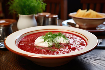 Wall Mural - Red borscht with sour cream is served on the table with vegetables and onions