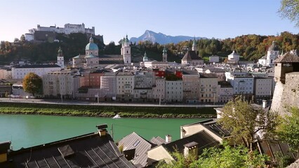 Wall Mural - Wonderful morning cityscape of Salzburg town. Impressive summer scene of Eastern Alps. Beautiful  landscape with Salzach river. Traveling concept background. Full HD video (High Definition)..