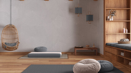 Wall Mural - Minimal meditation room in white and gray tones, pillows, tatami mats and hanging armchair. Wooden beams and parquet floor. Japanese interior design