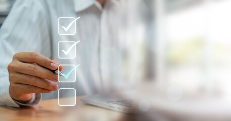 Fototapete - Businessmen point to tick correct sign mark in checkbox for approve quality document and project control. Excellence in document correction, ensuring quality and ISO certification for top Service