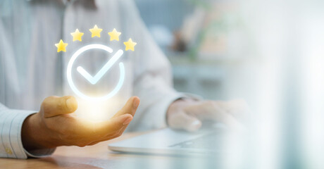 Fototapete - Businessmen point to tick correct sign mark in checkbox for approve quality document and project control. Excellence in document correction, ensuring quality and ISO certification for top Service