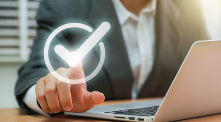 Fototapete - Businessmen point to tick correct sign mark in checkbox for approve quality document and project control. Excellence in document correction, ensuring quality and ISO certification for top Service