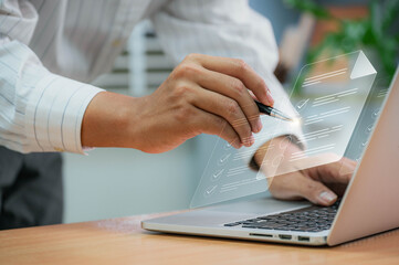 Fototapete - Document Management System (DMS) concept. Businessmen checklist, managing and access information in online exam standards and document Control for company database access