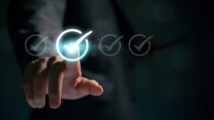 Fototapete - Businessmen point to tick correct sign mark in checkbox for approve quality document and project control. Excellence in document correction, ensuring quality and ISO certification for top Service