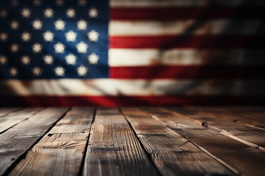 Wall Mural -  - American flag and wooden table background