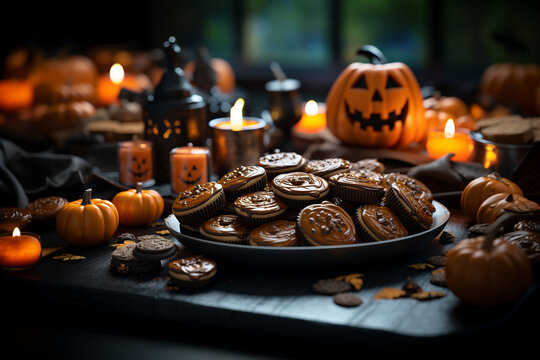 Wall Mural -  - Pumpkin and chocolate Halloween cookies Holiday concept
