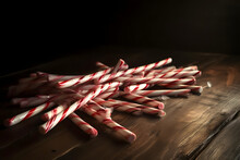 Long Candy Canes Spreading On A Wooden Table
