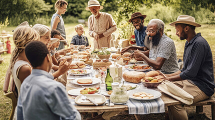 Diverse friends sharing a meal at summer picnic