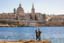 Valletta Malta City Skyline, Colorful House Balcony Malta Valletta City, Young Couple On Vacation In Malta