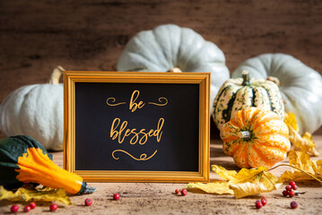 Wall Mural - autumn pumpkin decoration, text be blessed, golden frame