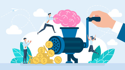 Monetization of knowledge and skills. Business concept. Metaphor brain goes through a meat grinder and gives profit. The concept of the value of an idea. Tiny business people. Flat illustration