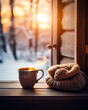 Hands in Mittens holding a hot cup of chocolate or coffee on a cold winter morning with frost or snow in the air. Concept of winter and relaxation. Shallow field of view.