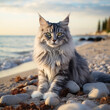 Maine Coon Cat on the beach at sunset, created with generative AI