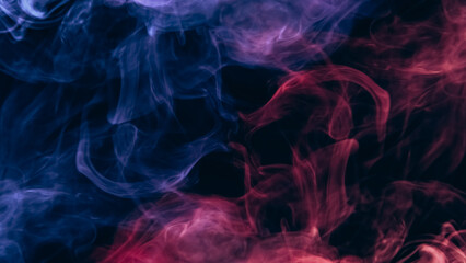 Wall Mural - Color smoke. Vapor cloud. Esoteric energy. Neon pink blue glowing gas mist mix texture on dark black copy space abstract background.