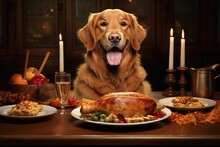 Excited Happy Golden Retriever Sitting On A Fully Decorated Thanksgiving Dinner Table With A Turkey And Food - Humorous Funny Dog Meme