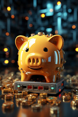 Poster - Piggy bank plugged into electrical outlet. Power saving concept background.  Generative AI technology.