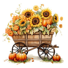 Watercolor Drawing. Autumn Wagon With Harvest, With Pumpkins And Sunflower Flowers In Vintage Style. Thanksgiving Card Decoration, Autumn, Harvest Festival