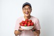 Happy Asian Man Holds Strawberry On White Background
