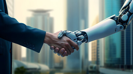 Wall Mural - robot and businessman in handshake. concept of human robot relationships.