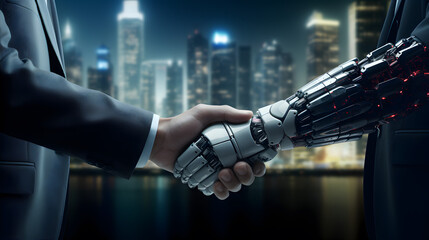 Wall Mural - robot and businessman in handshake. concept of human robot relationships.