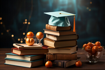 Poster - School books with accessories and graduation hat on light blue background with copy space.  Generative AI technology.