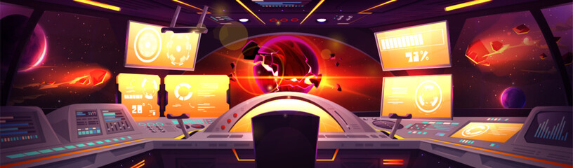 Wall Mural - spaceship cockpit room interior cartoon vector background. futuristic alien panel control station in