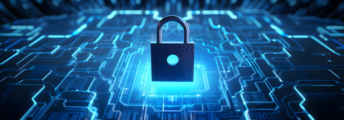 Lock on circuit pattern. Concept of data security and cybersecurity