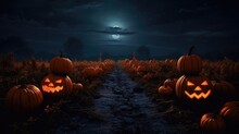 Pumpkins Arranged In A Patch Under A Full Moon Giving A Spooky Halloween Vibe