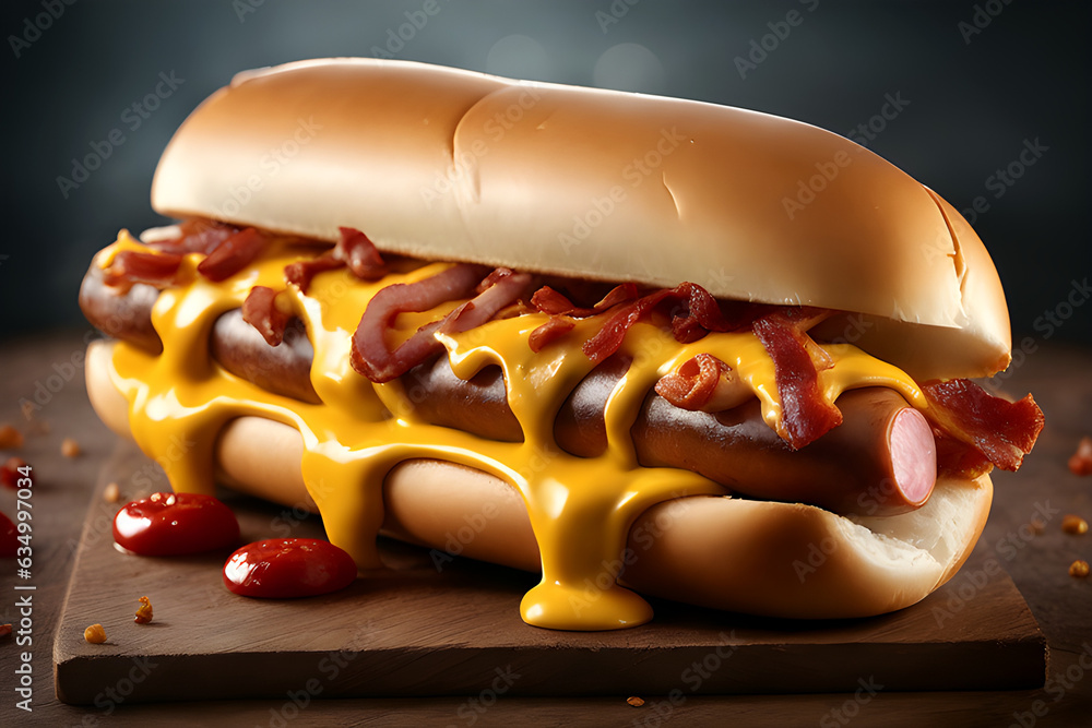 Food photography of delicious hotdog topped with melted cheese, big ...