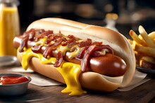 Food Photography Of Delicious Hotdog Topped With Melted Cheese, Big Sausage, Onions, Well Grilled Bacon, Mustard, Dripping Red Chili Relish, Toasted Buns, Large Fried French Fries On Background
