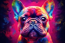 Multi Coloured Illustration Art, The Head Of A French Bulldog Dog Painted With With Splashes And Splatters Of Paint