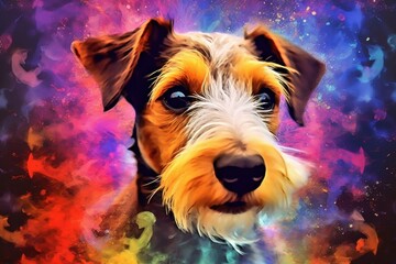 Wall Mural - Multi coloured illustration art, the head of a fox terrier dog painted with with splashes and splatters of paint