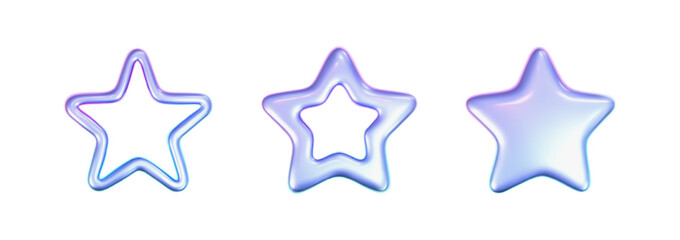 Wall Mural - 3d holographic stars set in y2k futuristic style isolated on white background. render 3d cyber chrom