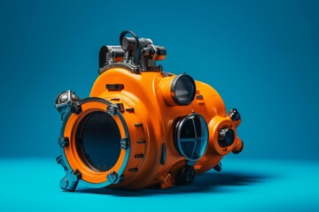 Orange tank with snorkeling air, against blue background. Generative AI