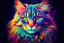 Multi Coloured Illustration Art, The Head Of A Maine Coon Cat Painted With With Splashes And Splatters Of Paint
