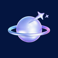 Wall Mural - 3d holographic galaxy planet icon with shooting stars in y2k style isolated on dark background. rend