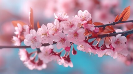 Beautiful spring floral background with branches of bl Generative Ai