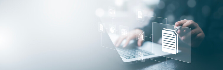 Business people working on laptop with virtual screen. Online documentation database, IT consultant being set up Virtual Document Management System with laptop,Software for archiving corporate files.