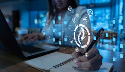 Wall Mural - businesswoman using laptop to document management concept, online documentation database and digital