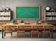 © Meow Creations - Interior of modern school classroom with empty blackboard and wooden table.