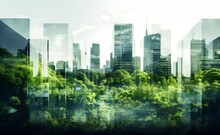 Double Exposure Of Lush Green Forest And Modern Skyscrapers Windows Of Building, Green City Concept. Generative AI.