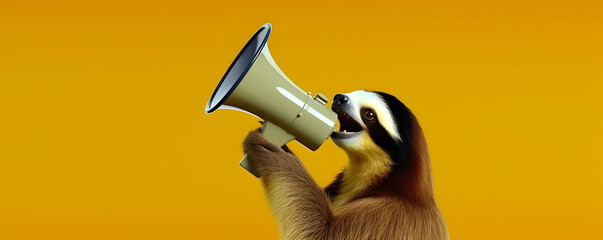 Sloth announcing using hand speaker. Notifying, warning, announcement